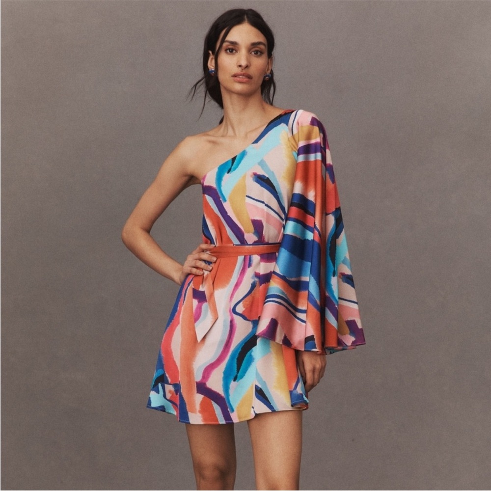 BHLDN Dress Stevie Mini One Shoulder Satin in Abstract Print